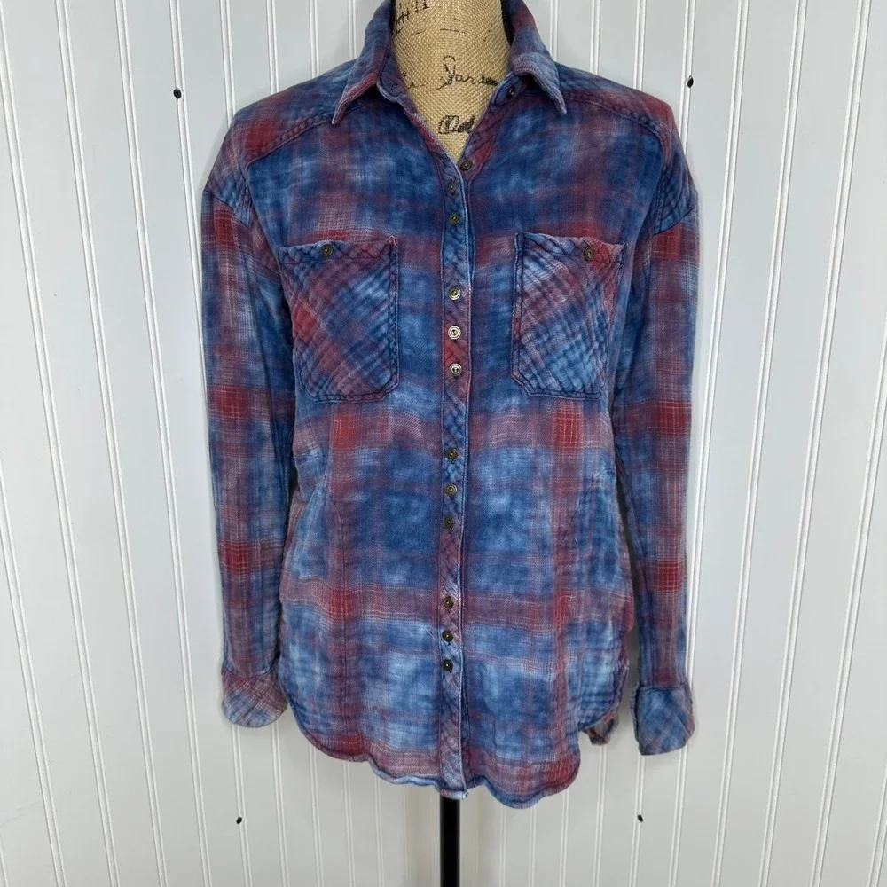 Free People Oversized Double Dip Plaid Shirt Blue Red‎ Button Up Gauzy Sz XS